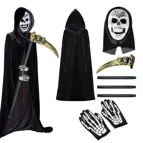 KBIBCK Sensenmann-Kostüm für Kinder, 4-teiliges Sensenmann-Kostüm-Set mit Kapuze, Sense-Zubehör, Totenkopf-Kunststoffmaske und Skelett-Handschuhen, Cosplay, für Kinder, Männer, Frauen, Erwachsene KBIBCK Sensenmann-Kostüm für Kinder, 4-teiliges Sensenmann-Kostüm-Set mit Kapuze, Sense-Zubehör, Totenkopf-Kunststoffmaske und Skelett-Handschuhen, Cosplay, für Kinder, Männer, Frauen, Erwachsene von KBIBCK