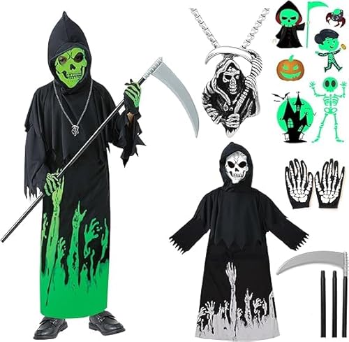 KBIBCK Sensenmann-Kostüm für Kinder, leuchtet im Dunkeln, Sensenmann-Kostüm für Jungen, Halloween-Kinder-Kostüm-Set mit Sense, Krähe, Gürtel, 1,5 m Kette, gruselige Halloween-Kostüme für Kinder von KBIBCK