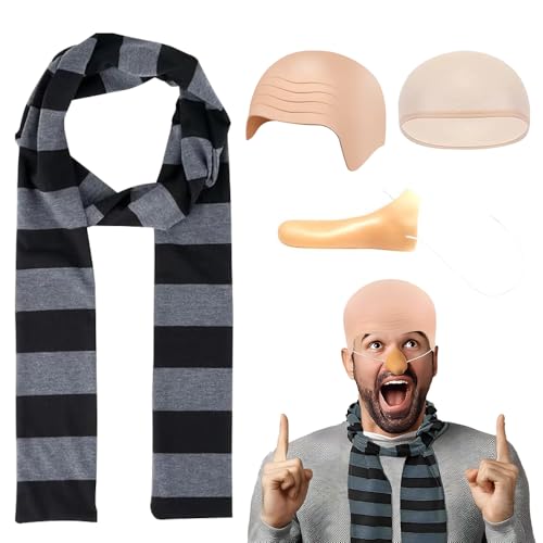 KBIBCK 4 Stück Karneval Kostüm Zubehör Set für Cosplay, Glatzenkappe, Falscher Nase, Schwarz-Grau Gestreifter Schal für Halloween, Rollenspiele, Partyzubehör Weihnachten von KBIBCK