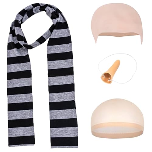 KBIBCK Set mit 5 Cartoon-Cosplay-Kostüm-Accessoires – Glatzenmütze, schwarz-grau gestreifter Schal, lange Nase für Halloween, Rollenspiele, Partyzubehör, wildes Kleid für Kinder von KBIBCK