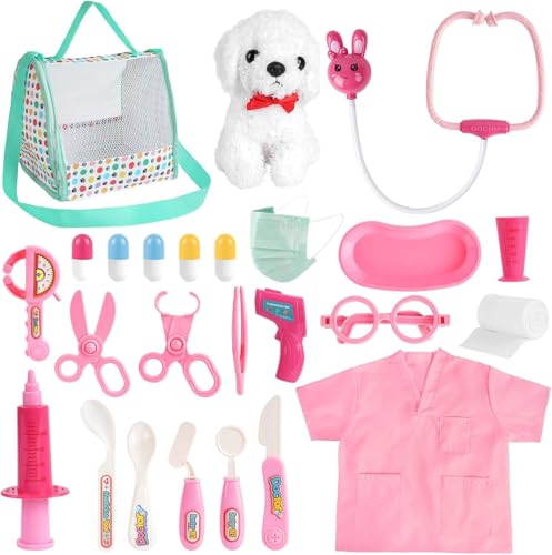 KBIBCK Tierarzt Spielzeug Kinder, 25pcs Children Pet Vet Care Play Set, Doktorkoffer Kinder mit Plüsch Poodle Spielzeug, Geschenk Spielzeugs Mädchen 3 4 5 6 Jahre von KBIBCK