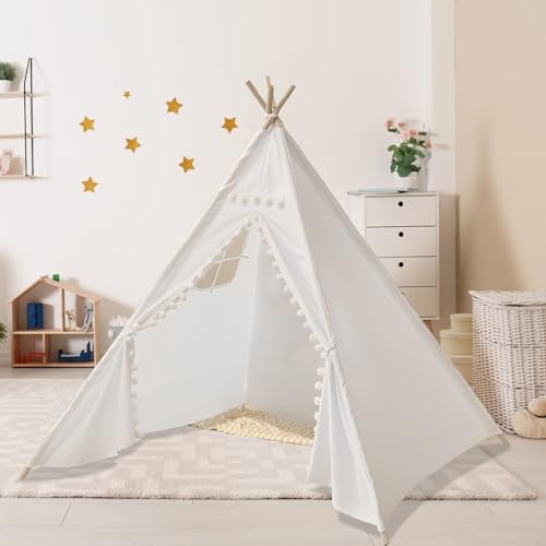 KBIBCK Tipi Zelt für Kinder, Tipi Zelt für Kinder Spielhaus Kinderzimmer Spielzelt mit Filzkugel, Kinderzelte für Mädchen und Jungen Spielzimmer Babyzimmer Deko, Faltbares Spielhaus für drinnen von KBIBCK