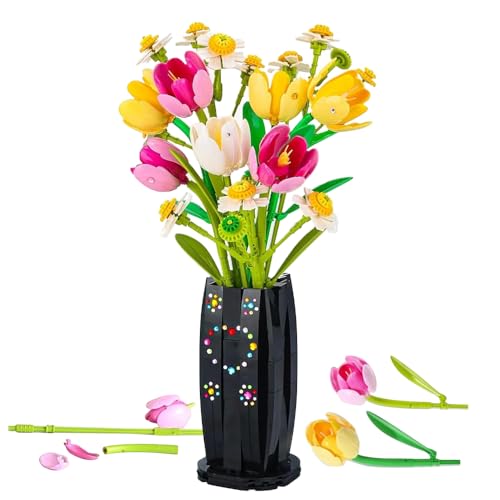 KBIBCK Tulpen Bausteine Blumen Set, Blumen Bausteine Set, 1250 PCS Tulpen Blumen Bauspielzeugset mit Vase, Künstliche Blumen Bausatz für Erwachsene, DIY Botanik-Kollektion Hausdeko für Frauen, Mädchen von KBIBCK