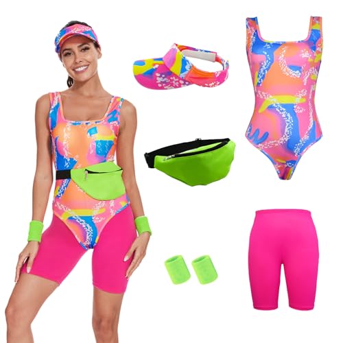 KBJALQ 80er-/90er-Jahre-Trainingskostüm für Damen, Halloween-Kostüme, Cosplay-Outfits, Badeanzug, Gymnastikanzug, Leggings mit Sonnenblende, Größe XS von KBJALQ