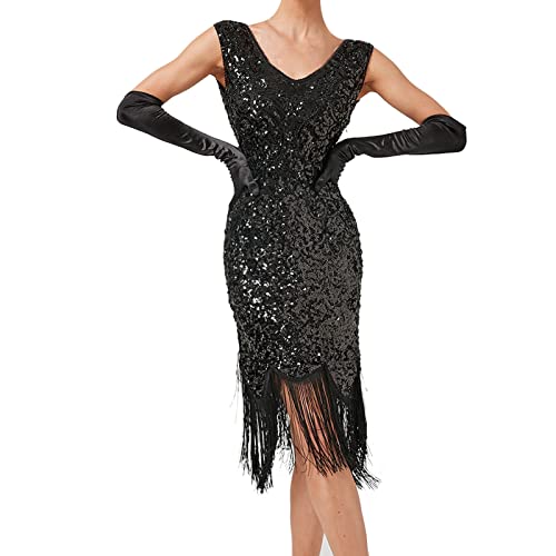 KBOPLEMQ 20er Jahre Kostüm Damen Charleston Kleid 1920s Kleid Paillettenkleider Great Gatsby Cocktail Party Damen Fasching Kostüm Kurz Fransen Ärmel Rund Ausschnitt Flapper Kleid von KBOPLEMQ