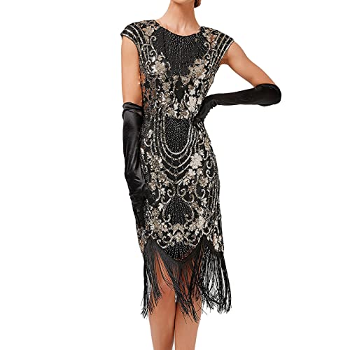 KBOPLEMQ Gatsby Kostüm Damen Charleston Kleid Flapper Kleid mit Pailletten Perlen Fransen Netzstrümpfe, Gatsby Kleid 20er Jahre Accessoires, Vintage Mafia Kostüm Damen von KBOPLEMQ