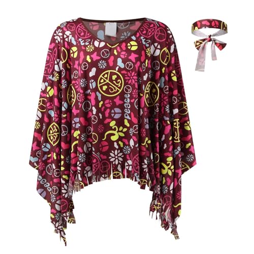 KBOPLEMQ Karneval Hippie Kostüm Damen: Hippie Poncho Damen Set mit 60er 70er Jahre Hippie Zubehör Karneval Faschingskostüme Flower Power Kleidung Damen Boho Flower Disco Outfit von KBOPLEMQ