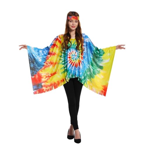 KBOPLEMQ Karneval Hippie Kostüm Damen: Hippie Poncho Damen Set mit 60er 70er Jahre Hippie Zubehör Karneval Faschingskostüme Flower Power Kleidung Damen Boho Flower Disco Outfit von KBOPLEMQ