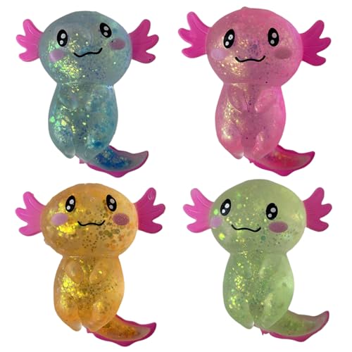 KDAMGOQE Axolotl Spielzeug, Stressspielzeug 4pcs 4 x 3 Zoll Glitzer Axolotl Squeeze Spielzeug Entzückender Soft Stress Relief Dehnes Zappel für Kinder und Erwachsene Party, Geburtstagsgeschenke von KDAMGOQE
