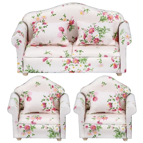 KDAMGOQE Dollhouse Couch, 3pcs/Set 1 12 Skala Dollhouse Möbel, Blumenmuster Doppel & Einzelcouch mit Kissen Sessel Sofa Wohnzimmer Möbel Holzzubehör KDAMGOQE Dollhouse Couch, 3pcs/Set 1 12 Skala Dollhouse Möbel, Blumenmuster Doppel & Einzelcouch mit Kissen Sessel Sofa Wohnzimmer Möbel Holzzubehör von KDAMGOQE