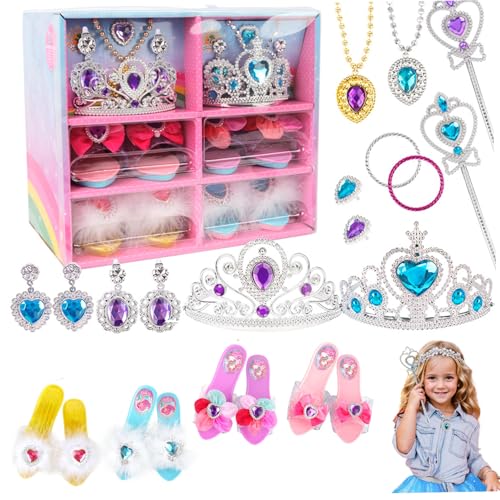 KDAMGOQE Dress-up-Kleidung für Mädchen 4-6, 22pcs/Set Princess Dress-up-Set, Kleidung für Mädchen umfasst Prinzessinschuhe, Zauberstäbe, Kronen, Ohrringe, Armbänder und Ringe komplette Accessoires von KDAMGOQE