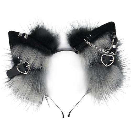 KDAMGOQE Fuchsohren, Katzenohren Stirnband, 1pcs pelzige Kopfbedeckung mit Metallherz und Kettendekor, Gothic Punk Therian, Tierhaarband für Cosplay -Kostüm, Schwarz und Grau von KDAMGOQE