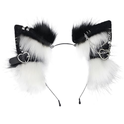KDAMGOQE Fuchsohren, Katzenohren Stirnband, 1pcs pelzige Kopfbedeckung mit Metallherz und Kettendekor, Gothic Punk Therian, Tierhaarband für Cosplay -Kostüm, Schwarz und Weiß KDAMGOQE Fuchsohren, Katzenohren Stirnband, 1pcs pelzige Kopfbedeckung mit Metallherz und Kettendekor, Gothic Punk Therian, Tierhaarband für Cosplay -Kostüm, Schwarz und Weiß von KDAMGOQE