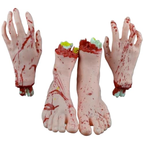 KDAMGOQE Gefälschte Füße, 4pcs Halloween Hände Set, 1 Paar getrennte falsche Hand und 1 Paar Füße, Horror blutige Körperteile, Kunststoff Halloween -Körperteile für Spukhausdekoration von KDAMGOQE