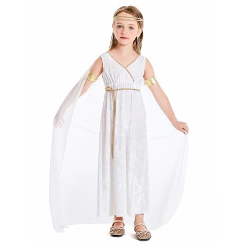 KDAMGOQE Griechische Göttin Kostüm für Kinder, Polyester weiße griechische Göttin Kleid Athena Toga Römische Kleid Halloween Kostüme Cosplay Grecian Up Outfit Set l von KDAMGOQE