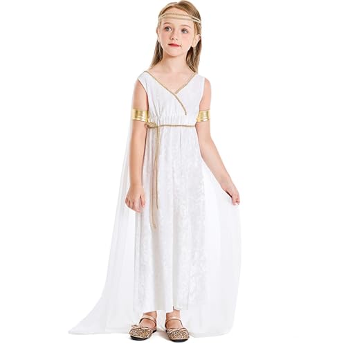KDAMGOQE Griechische Göttin Kostüm für Kinder, Polyester weiße griechische Göttin Kleid Athena Toga Römische Kleid Halloween Kostüme Cosplay Grecian Up Outfit Set m von KDAMGOQE