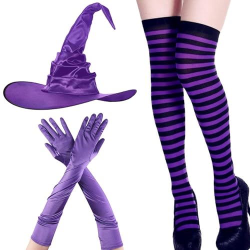 KDAMGOQE Hexenkostüminnen Frauen, weiche, hautfreundliche Stoff Halloween-Kostüme mit lila gestreiften Socken, spitzen Hut, Handschuhe, Halloween-Kleid für Cosplay-Partys, Einheitsgröße, Kostüme von KDAMGOQE