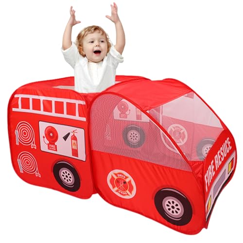 KDAMGOQE Kinderzelt, Kinder Spielen Zelt Pops-up-Lüftungsanbieter. Feuerwehrwagenform mit Türflip & Top Öffnen kratzfestem Polyester-Auto-Spielhaus mit Drahtrahmen für Mädchen Jungen Geschenk von KDAMGOQE