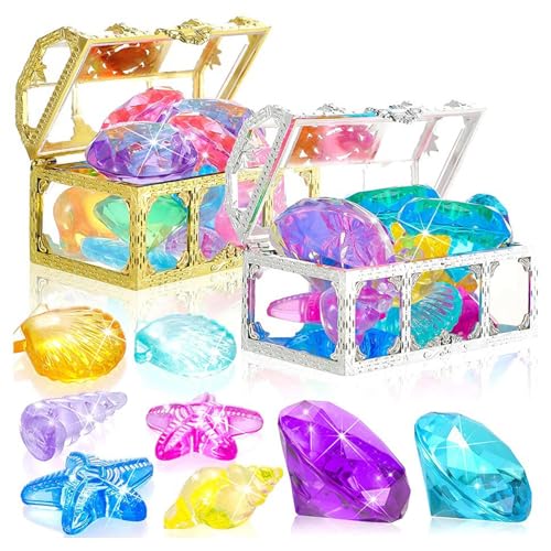 KDAMGOQE Tauchspielzeug, 32 PCs Pool Tauchspielzeug farbenfrohe Tauchgang Verschiedene Formen Diamanten mit Schatzpiratenbox Plastik Unterwasser Kleinkind Pool Beach für Kinder Jungen Mädchen von KDAMGOQE
