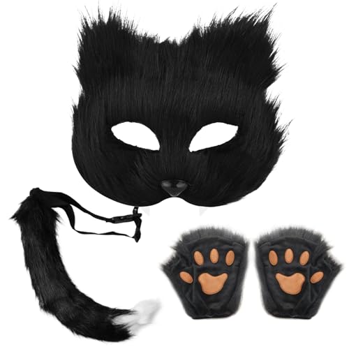 KDAMGOQE Therian Mask 3pcs/Set Therian Gear, Therian Maske und Schwanz, Handschuhe Set halb Gesichtsfuchsmaske mit verstellbarem Schnallen pelziger Schwanz für Halloween -Cosplay -Fuchsmaske, Schwarz KDAMGOQE Therian Mask 3pcs/Set Therian Gear, Therian Maske und Schwanz, Handschuhe Set halb Gesichtsfuchsmaske mit verstellbarem Schnallen pelziger Schwanz für Halloween -Cosplay -Fuchsmaske, Schwarz von KDAMGOQE