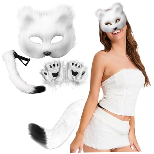 KDAMGOQE Therian Maske, 3pcs/Set Therian Gear, Maske und Schwanz, Handschuhe Set halb Gesichtsfuchs mit verstellbarem Schnallen pelziger Schwanz für Halloween Cosplay Fox von KDAMGOQE