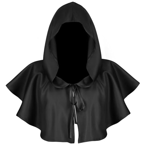 Mittelalterlicher Umhang, Kapuze Umhang Vintage Halloween mittelalterlicher Motorhut für Männer Frauen kurz Unisex schwarz weicher atmungsaktivem Pullover Kapuzeponcho Cowl mit Kapuze für heidnisches von KDAMGOQE