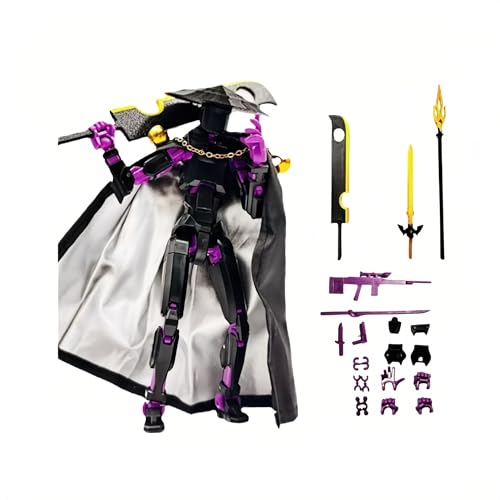 Artikulierbare Actionfigur Fantasy Krieger Spielzeug mit austauschbaren Waffen Zubehör Umhang und Sockel geeignet für Jungen Geburtstagsgeschenke Dekoration Sammlung Spielfigur (Schwarz Lila) von KDFSSIPE