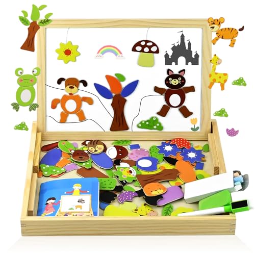 KDIMSU Magnetisches Holzpuzzles Puzzle-Spiele, Tierformen Holzbrett Doppelseitiges Puzzle und Zeichen-Staffelei, Kinderspielzeug, Magnete Puzzle Spiele Holzspielzeug Geschenke für Mädchen Jungen von KDIMSU