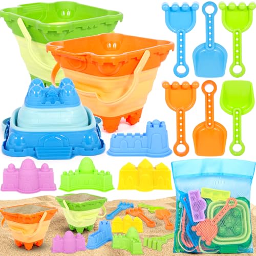 KDISHKRA 14PCS Sandspielzeug Set für Kinder – Strandspielzeug & Sandkasten Spielzeug mit Burg Eimer, Sandformen, Schaufeln & Netztasche – Outdoor Sandkasten Zubehör ab 3 Jahre von KDISHKRA