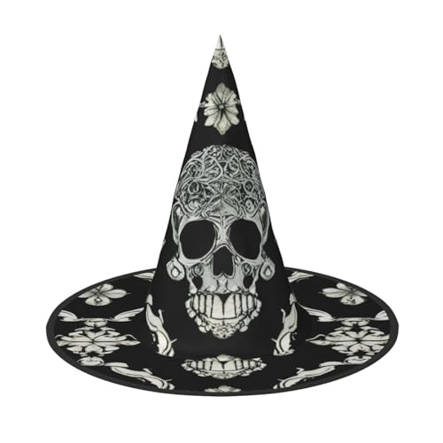 KDKJEDPEAF Blumenschädel Ornament Muster (1) Druck Halloween Spitzhut für Frauen Magischer Hut Faltbarer Hexenhutzauberer Partyhut für Cosplay Kostüm & tägliches Zubehör von KDKJEDPEAF
