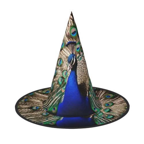 KDKJEDPEAF Der Pfauen-Print Halloween Spitzhut für Frauen, magischer Hut, faltbarer Hexenhut-Zauberer, Partyhut für Cosplay-Kostüm & tägliches Zubehör von KDKJEDPEAF