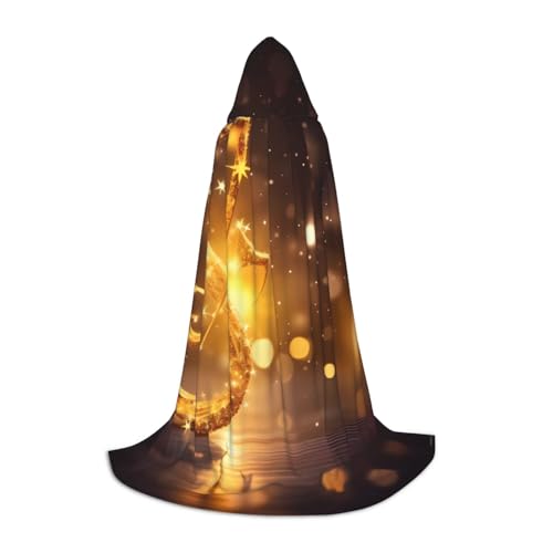 KDKJEDPEAF Langer Kapuzenumhang für Teenager, goldfarbene Musiknote mit F, bodenlanger Kapuzenumhang, Halloween, Cosplay-Kostüm von KDKJEDPEAF