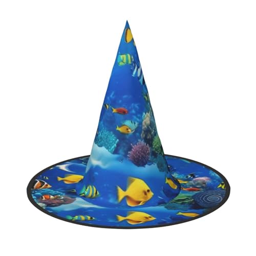 KDKJEDPEAF Tropischer Fische-Druck, Halloween-Spitzhut für Frauen, magischer Hut, faltbarer Hexenhut-Zauberer, Partyhut für Cosplay-Kostüm & tägliches Zubehör von KDKJEDPEAF