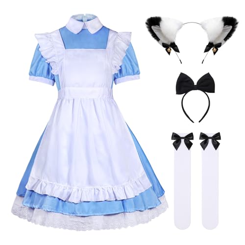 KDVOG 5-teiliges Anime-Kostüm mit Schleife, Haarband, Kopfbedeckung, Strümpfe, Set (Blau, M) von KDVOG