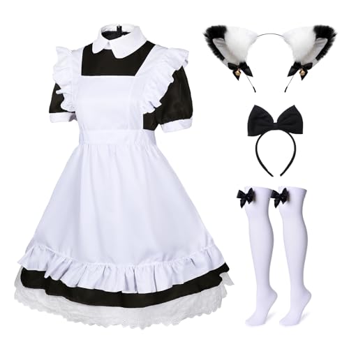 KDVOG 5-teiliges Anime-Kostüm mit Schleife, Haarband, Kopfbedeckung, Strümpfe, Set (Schwarz, S) von KDVOG