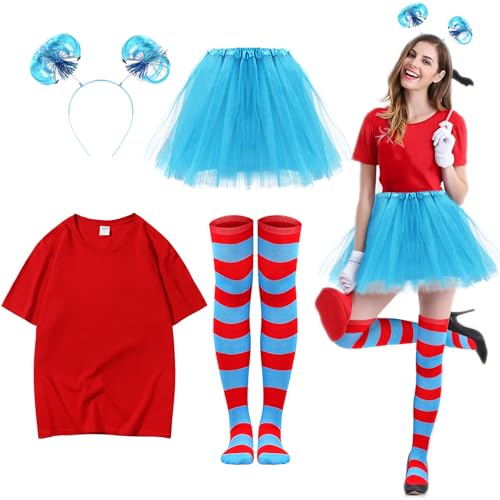 KDVOG Halloween-Kostüm-Zubehör-Set für Damen, inklusive Tüll-Tutu-Rock, rotes T-Shirt, gestreifte Oberschenkelhohe Socken, blaues Stirnband KDVOG Halloween-Kostüm-Zubehör-Set für Damen, inklusive Tüll-Tutu-Rock, rotes T-Shirt, gestreifte Oberschenkelhohe Socken, blaues Stirnband von KDVOG