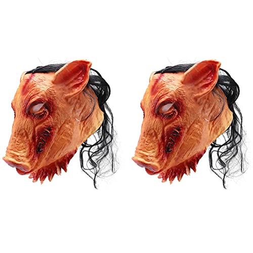 KEALLANS 2X Halloween Unheimlich Masken Neuheit Pig Kopf Grusel mit Haar Masken Totenkopf mit Gekreuzter Knochen von KEALLANS