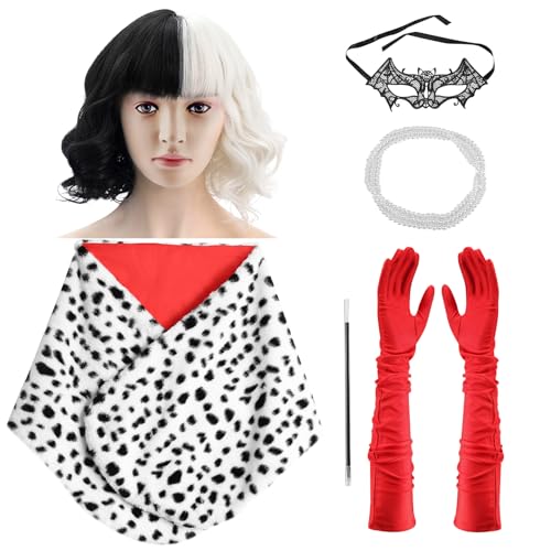 KEALLANS Cruella-Kostüm für Damen – 6-Teiliges Halloween-Kostüm, Zubehör Umfasst Cruella-Perücke, Dalmatiner-Schal, Rote Handschuhe, Halskette, Lange Halterung und Spitzen-Augenabdecku KEALLANS Cruella-Kostüm für Damen – 6-Teiliges Halloween-Kostüm, Zubehör Umfasst Cruella-Perücke, Dalmatiner-Schal, Rote Handschuhe, Halskette, Lange Halterung und Spitzen-Augenabdecku von KEALLANS