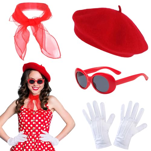 KECDRU Rockabilly Accessoires Damen Rot 50er 60er 1950s Französisches Kleid Zubehör Baskenmütze Schal Sonnenbrille Handschuhe Vintage Kleidung Set Für Karneval Motoparty Retro Teily Party KECDRU Rockabilly Accessoires Damen Rot 50er 60er 1950s Französisches Kleid Zubehör Baskenmütze Schal Sonnenbrille Handschuhe Vintage Kleidung Set Für Karneval Motoparty Retro Teily Party von KECDRU