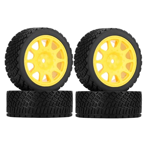 KEEDA 4 Stück 66mm RC-Reifen und Kunststoff Felgen Räder für Tamiya TT01 TT02 HSP HPI Kyosho 1:10 RC On Road Auto Rennwagen Rallye Auto (10-Speichen, Gelb) von KEEDA