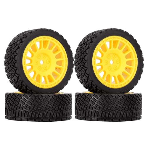 KEEDA 4 Stück 66mm RC-Reifen und Kunststoff Felgen Räder für Tamiya TT01 TT02 HSP HPI Kyosho 1:10 RC On Road Auto Rennwagen Rallye Auto (Gelb) von KEEDA