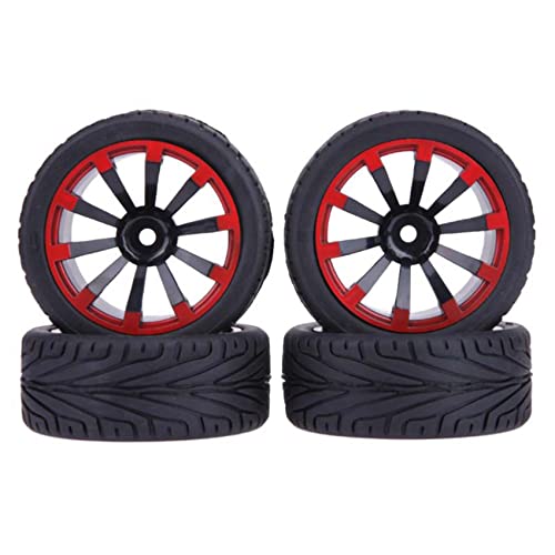 KEEDA 4PCS 1:10 RC 65mm Reifen und Kunststoff Räder Felgen für 1/10 HSP HPI Tamiya RC auf Straße Touring Racing Drift Auto (Schwarz&Rot) von KEEDA