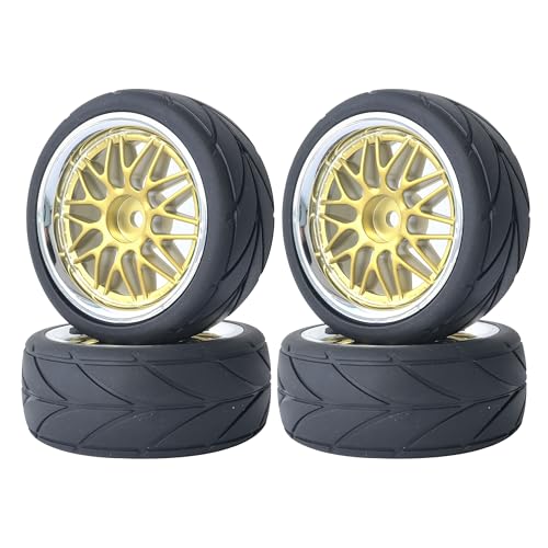KEEDA RC Auto Gummireifen Mit Kunststoff Felgen Räder für TT01 TT02 1/10 RC On Road Tourenwagen Rennwagen (D, Gelb) von KEEDA