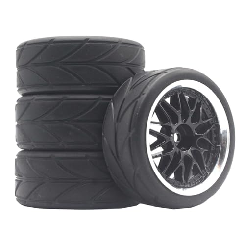 KEEDA RC Auto Gummireifen Mit Kunststoff Felgen Räder für TT01 TT02 1/10 RC On Road Tourenwagen Rennwagen (D, Schwarz) von KEEDA