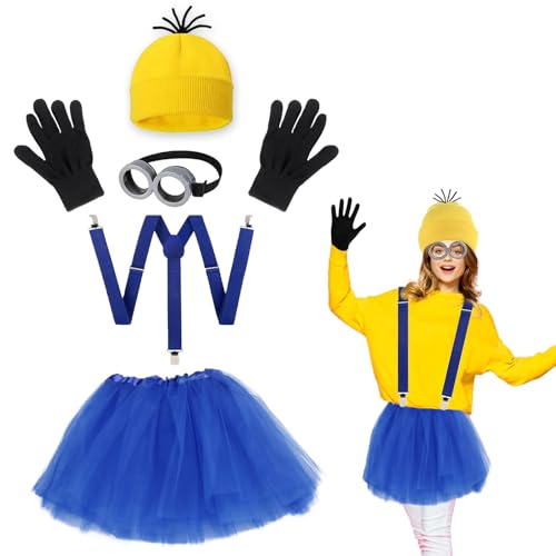 KEELYY 5-Teiliges Gelbes Kostüm set für Fasching Karneval Halloween Cosplay Party, gelbe Beanie-Mütze, Brille, Röcke, Handschuhe und Hosenträger für Erwachsener and Kinder von KEELYY