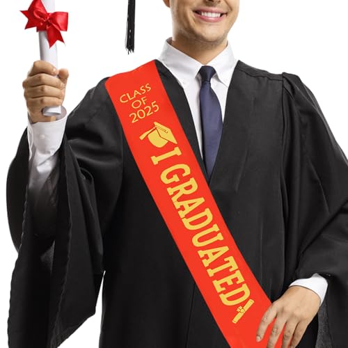 KEELYY Abschluss Schärpe 2025, Graduation Schärpe mit Gold Glitzer Buchstabe I Graduated, für Schul Abschluss Abitur Universität Graduation Party Deko (Rot) von KEELYY