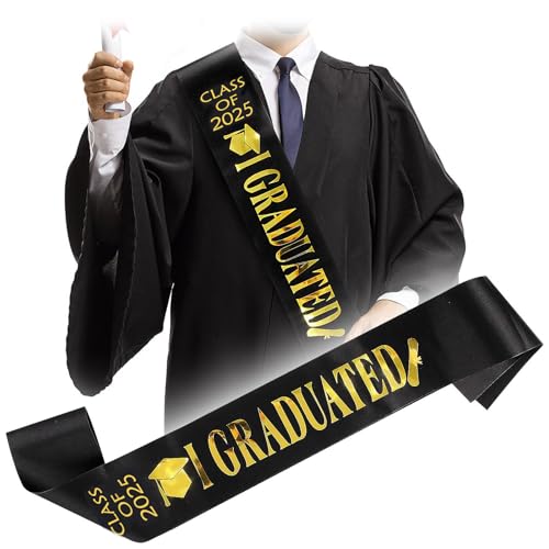 KEELYY Abschluss Schärpe 2025, Graduation Schärpe mit Gold Glitzer Buchstabe I Graduated, für Schul Abschluss Abitur Universität Graduation Party Deko (Schwarz) von KEELYY
