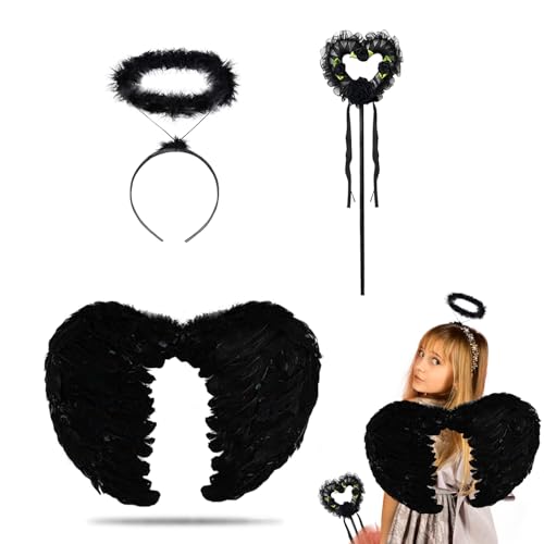 KEELYY Engelsflügel 45cm Schwarz Federflügel Engel mit Heiligenschein und Zauberstab, Engel Flügel für Damen Mädchen, Engel Teufel Feen Kostüm Accessoires für Halloween Karneval Cosplay Fasching Party KEELYY Engelsflügel 45cm Schwarz Federflügel Engel mit Heiligenschein und Zauberstab, Engel Flügel für Damen Mädchen, Engel Teufel Feen Kostüm Accessoires für Halloween Karneval Cosplay Fasching Party von KEELYY