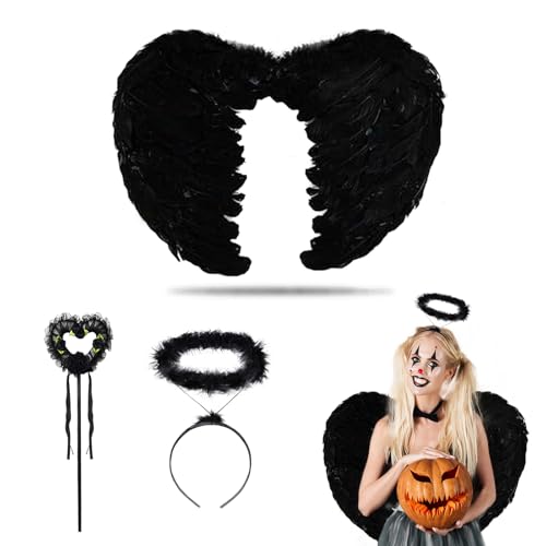 KEELYY Engelsflügel 60cm Schwarz Federflügel Engel mit Heiligenschein und Zauberstab, Engel Flügel für Damen Mädchen, Engel Teufel Feen Kostüm Accessoires für Halloween Karneval Cosplay Fasching Party KEELYY Engelsflügel 60cm Schwarz Federflügel Engel mit Heiligenschein und Zauberstab, Engel Flügel für Damen Mädchen, Engel Teufel Feen Kostüm Accessoires für Halloween Karneval Cosplay Fasching Party von KEELYY