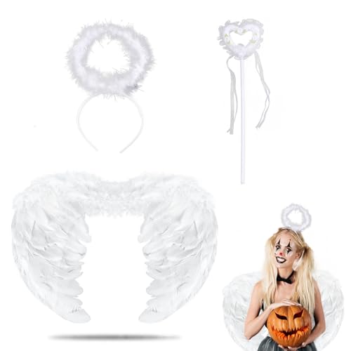KEELYY Engelsflügel 60cm Weiß Federflügel Engel mit Heiligenschein und Zauberstab, Engel Flügel für Damen Mädchen, Engel Teufel Feen Kostüm Accessoires für Halloween Karneval Cosplay Fasching Party KEELYY Engelsflügel 60cm Weiß Federflügel Engel mit Heiligenschein und Zauberstab, Engel Flügel für Damen Mädchen, Engel Teufel Feen Kostüm Accessoires für Halloween Karneval Cosplay Fasching Party von KEELYY